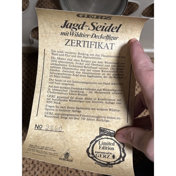 GERZ WEST GERMANY LIMITED EDITION, HUNTING TANKARD STEIN, RED FOXES, 1983 COA - Picture 9 of 10